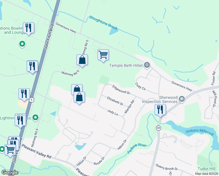 map of restaurants, bars, coffee shops, grocery stores, and more near 116 Edgewood Drive in South Windsor