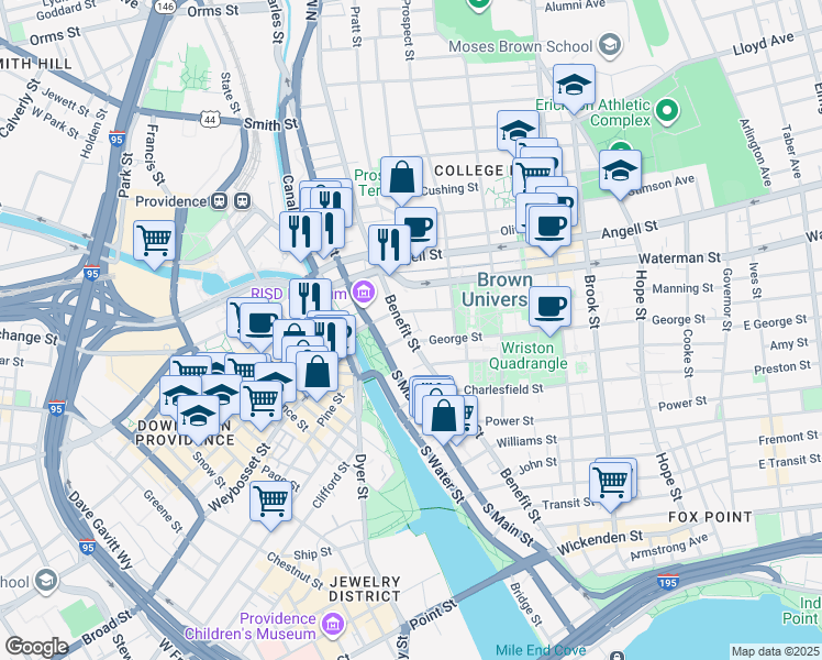 map of restaurants, bars, coffee shops, grocery stores, and more near 263 Benefit Street in Providence