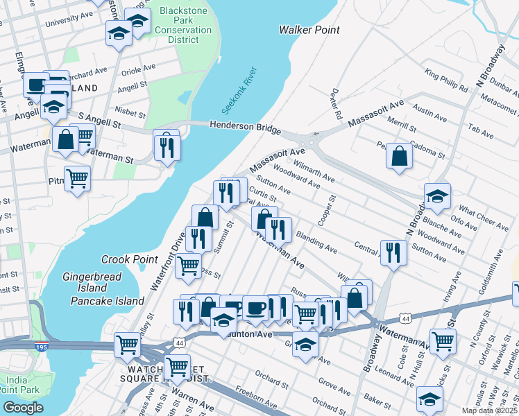 map of restaurants, bars, coffee shops, grocery stores, and more near 32 Central Avenue in East Providence