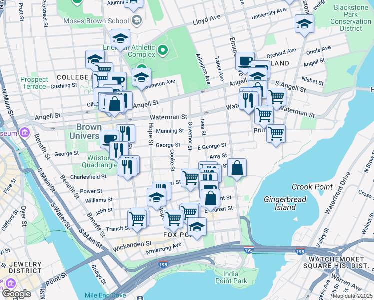 map of restaurants, bars, coffee shops, grocery stores, and more near 158 Governor Street in Providence