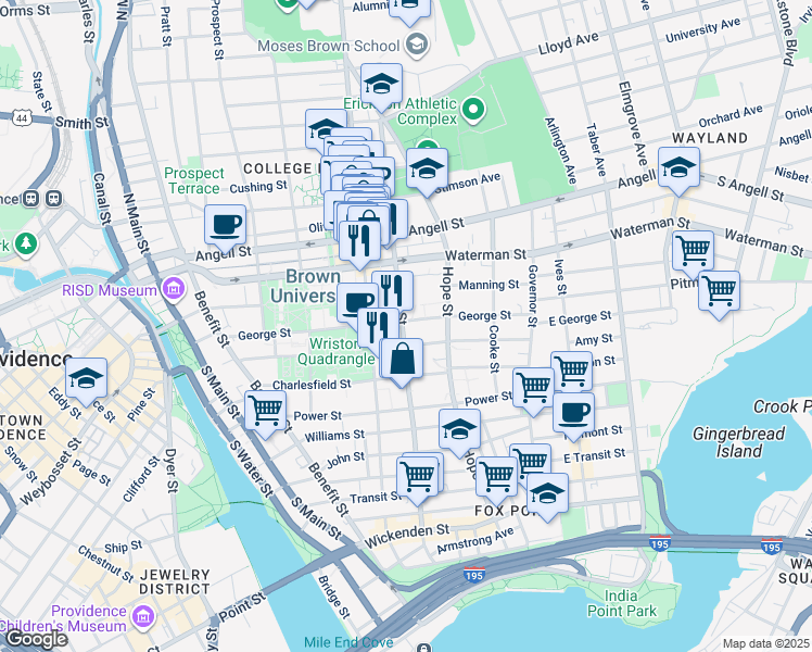 map of restaurants, bars, coffee shops, grocery stores, and more near 315 Brook Street in Providence