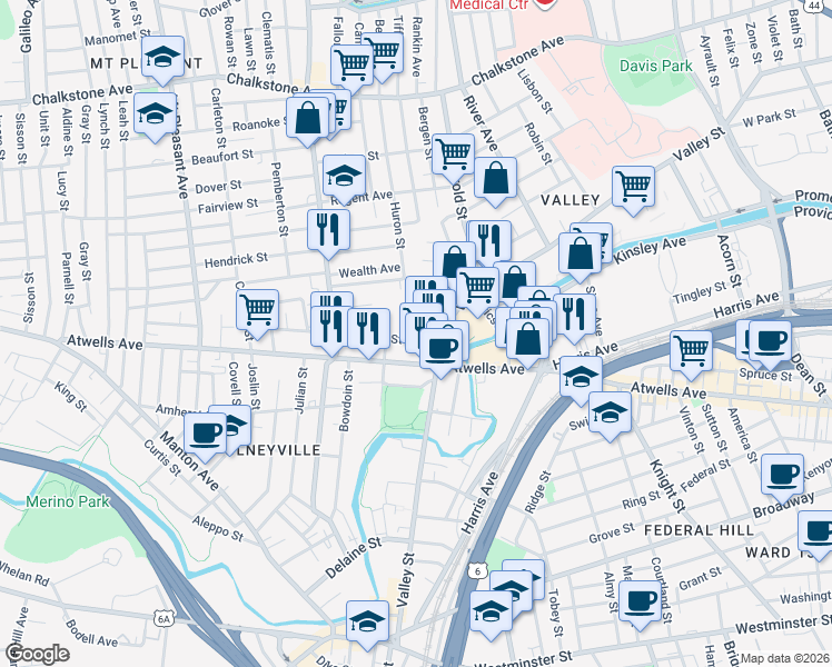 map of restaurants, bars, coffee shops, grocery stores, and more near 33 Turner Street in Providence