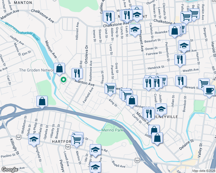 map of restaurants, bars, coffee shops, grocery stores, and more near 20 Parnell Street in Providence