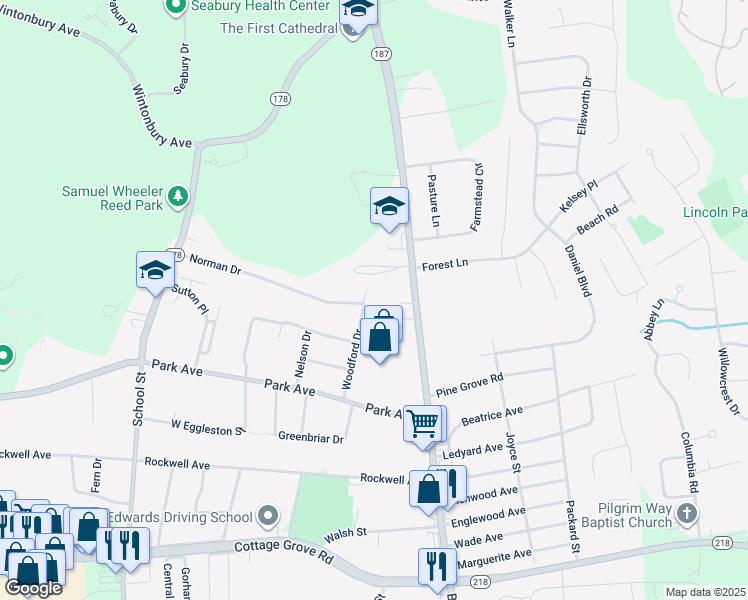 map of restaurants, bars, coffee shops, grocery stores, and more near 25 Woodford Drive in Bloomfield
