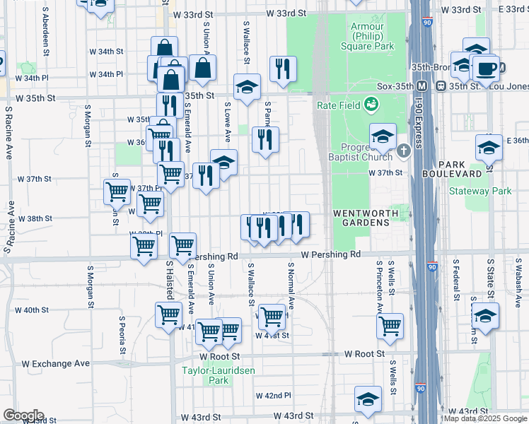 map of restaurants, bars, coffee shops, grocery stores, and more near 3738 South Parnell Avenue in Chicago