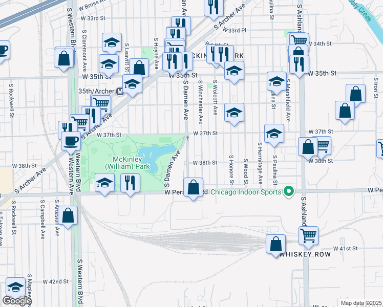 map of restaurants, bars, coffee shops, grocery stores, and more near 3723 South Damen Avenue in Chicago