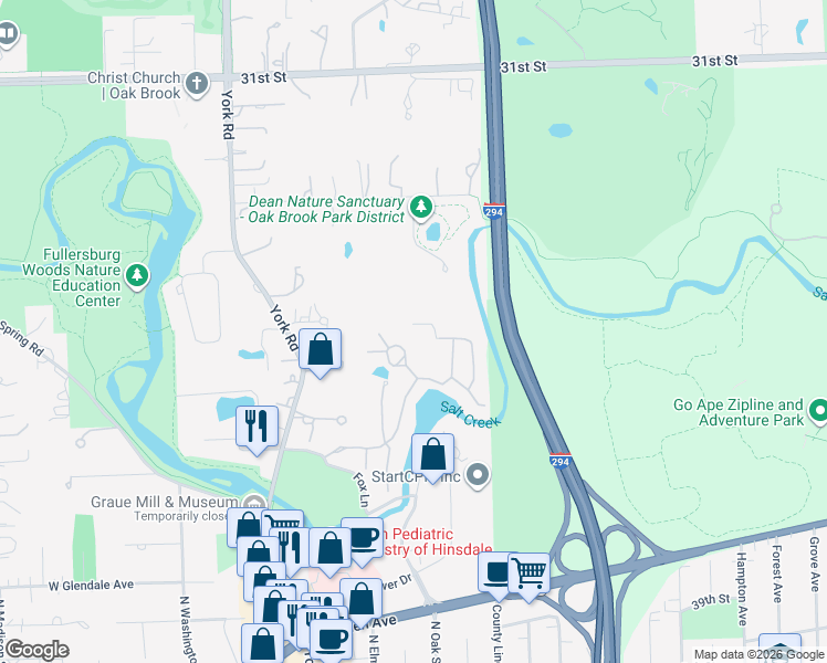 map of restaurants, bars, coffee shops, grocery stores, and more near 1443 Fox Lane in Hinsdale