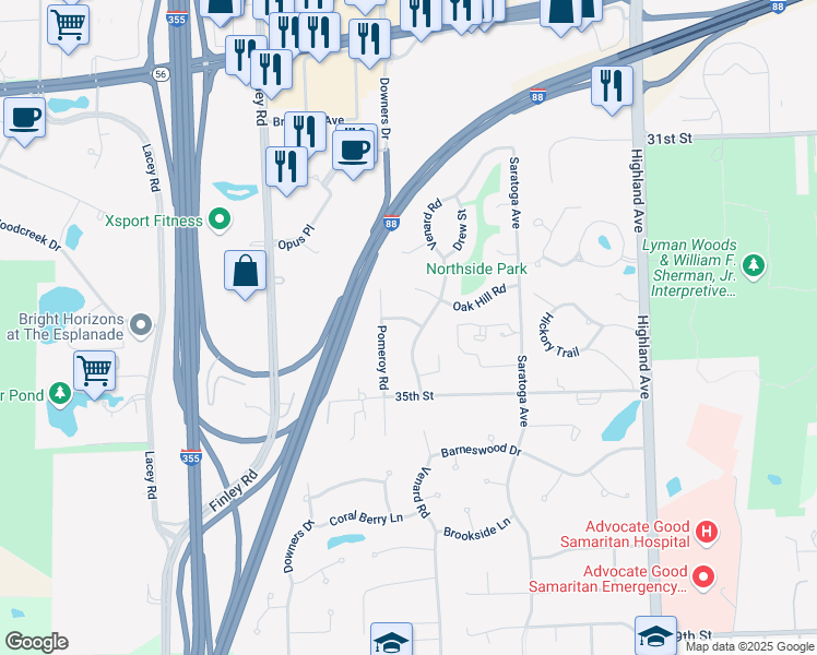 map of restaurants, bars, coffee shops, grocery stores, and more near 1420 Acorn Avenue in Downers Grove