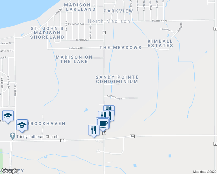 map of restaurants, bars, coffee shops, grocery stores, and more near 6704 Bayside Drive in Madison