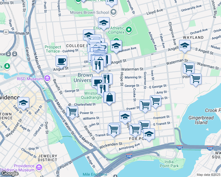 map of restaurants, bars, coffee shops, grocery stores, and more near 167 George Street in Providence