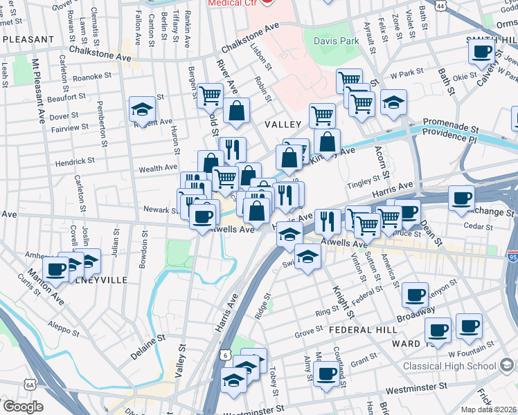 map of restaurants, bars, coffee shops, grocery stores, and more near 47 Eagle Street in Providence