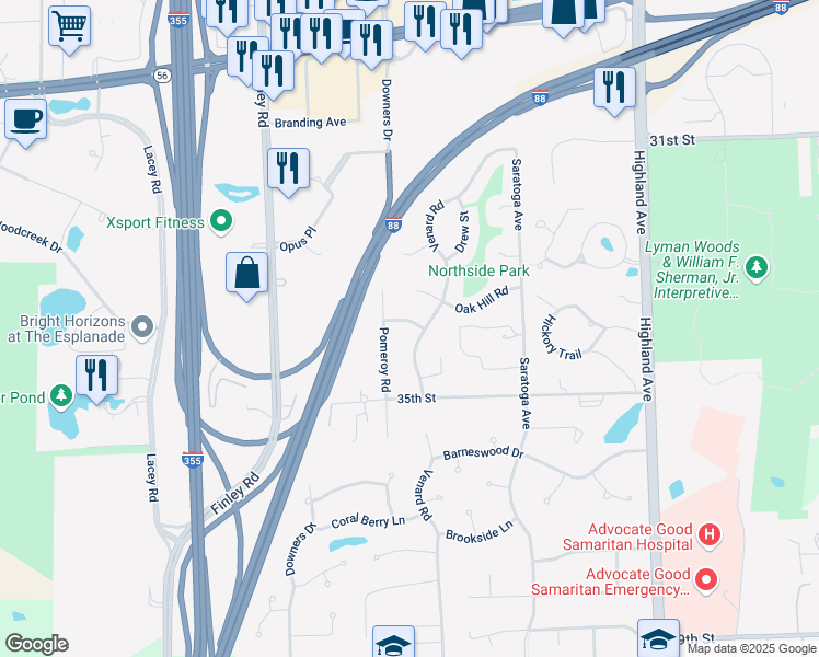 map of restaurants, bars, coffee shops, grocery stores, and more near 1420 Acorn Avenue in Downers Grove