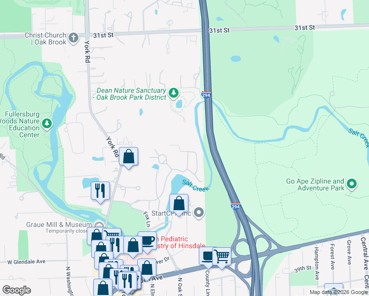 map of restaurants, bars, coffee shops, grocery stores, and more near 1443 Fox Lane in Hinsdale