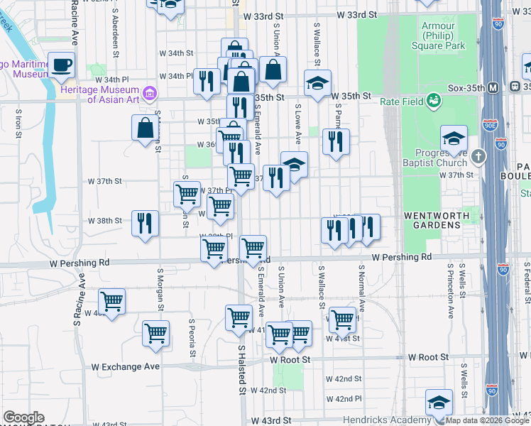 map of restaurants, bars, coffee shops, grocery stores, and more near 3736 South Emerald Avenue in Chicago