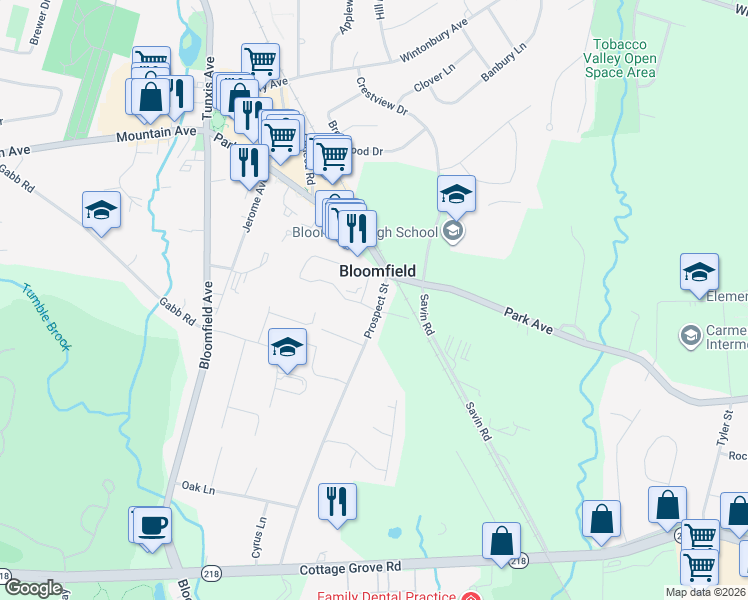 map of restaurants, bars, coffee shops, grocery stores, and more near in Bloomfield