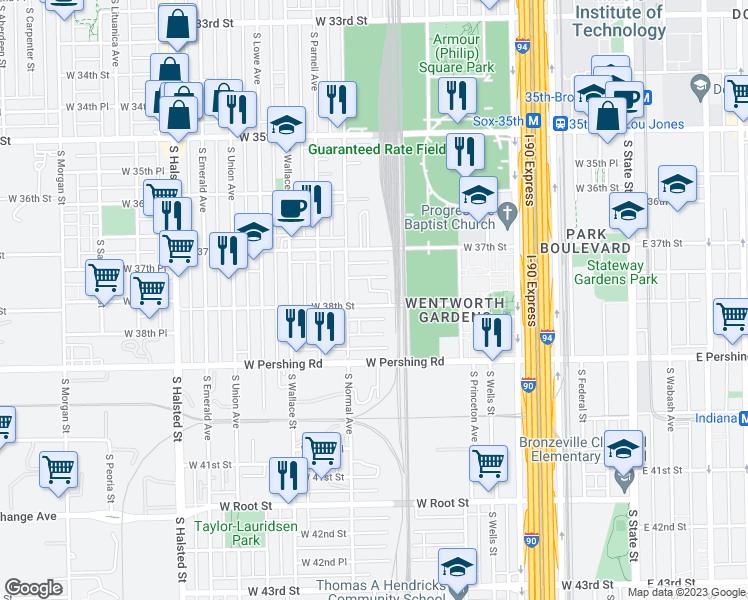 map of restaurants, bars, coffee shops, grocery stores, and more near 430 West 38th Street in Chicago