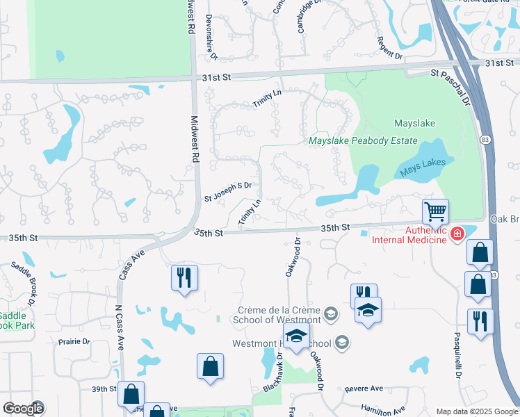 map of restaurants, bars, coffee shops, grocery stores, and more near 363 Trinity Lane in Oak Brook