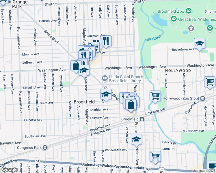 map of restaurants, bars, coffee shops, grocery stores, and more near 3609 Grand Boulevard in Brookfield