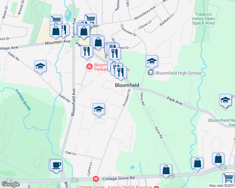 map of restaurants, bars, coffee shops, grocery stores, and more near 14 Scott Drive in Bloomfield