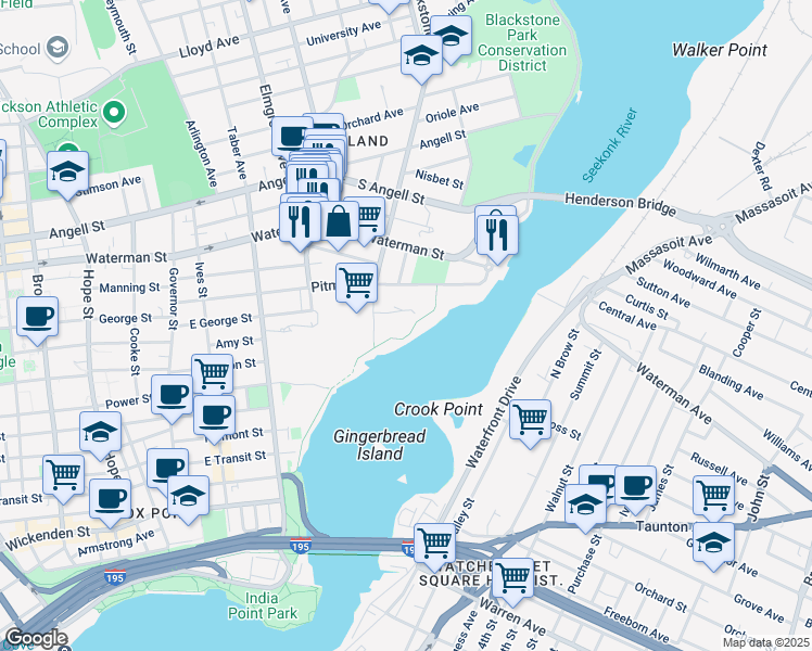map of restaurants, bars, coffee shops, grocery stores, and more near 1 Butler Avenue in Providence