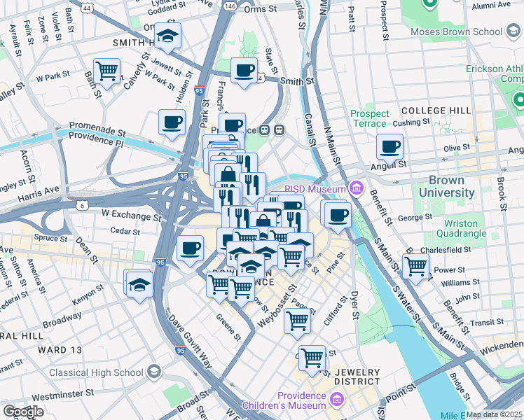map of restaurants, bars, coffee shops, grocery stores, and more near 40 West Exchange Street in Providence