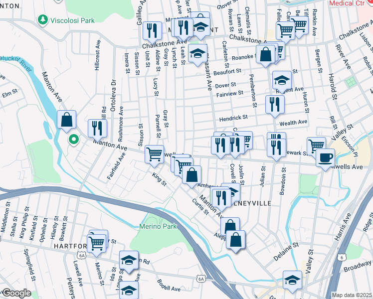 map of restaurants, bars, coffee shops, grocery stores, and more near 88 Erastus Street in Providence