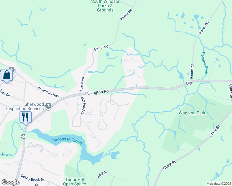 map of restaurants, bars, coffee shops, grocery stores, and more near 9 Candlewood Drive in South Windsor