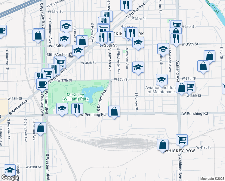 map of restaurants, bars, coffee shops, grocery stores, and more near 3723 South Damen Avenue in Chicago