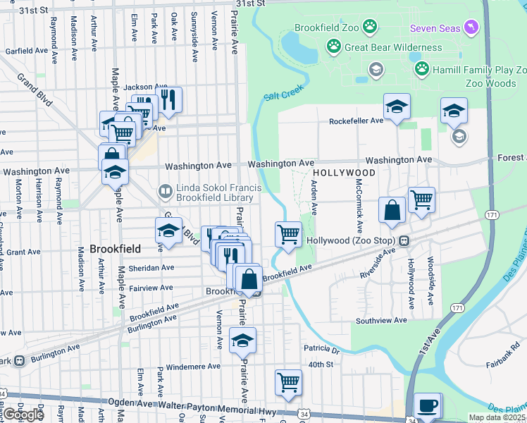 map of restaurants, bars, coffee shops, grocery stores, and more near 3544 Forest Avenue in Brookfield