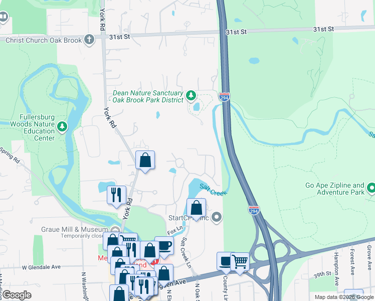 map of restaurants, bars, coffee shops, grocery stores, and more near 1443 Fox Lane in Hinsdale