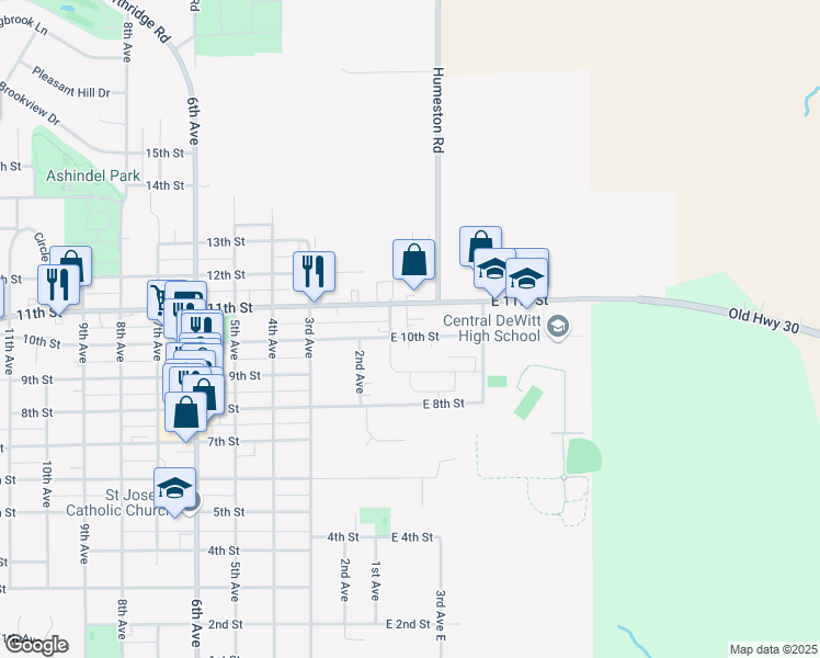 map of restaurants, bars, coffee shops, grocery stores, and more near 107 East 11th Street in DeWitt