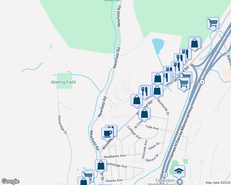 map of restaurants, bars, coffee shops, grocery stores, and more near 99 Hunter Court in Torrington
