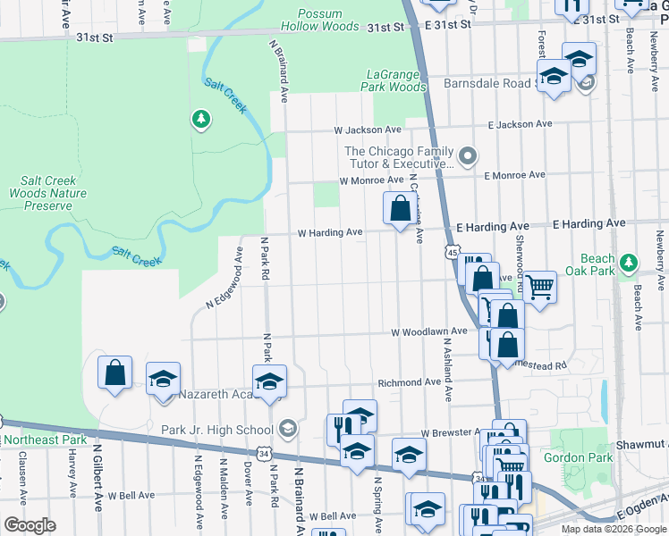 map of restaurants, bars, coffee shops, grocery stores, and more near 625 North Waiola Avenue in La Grange Park