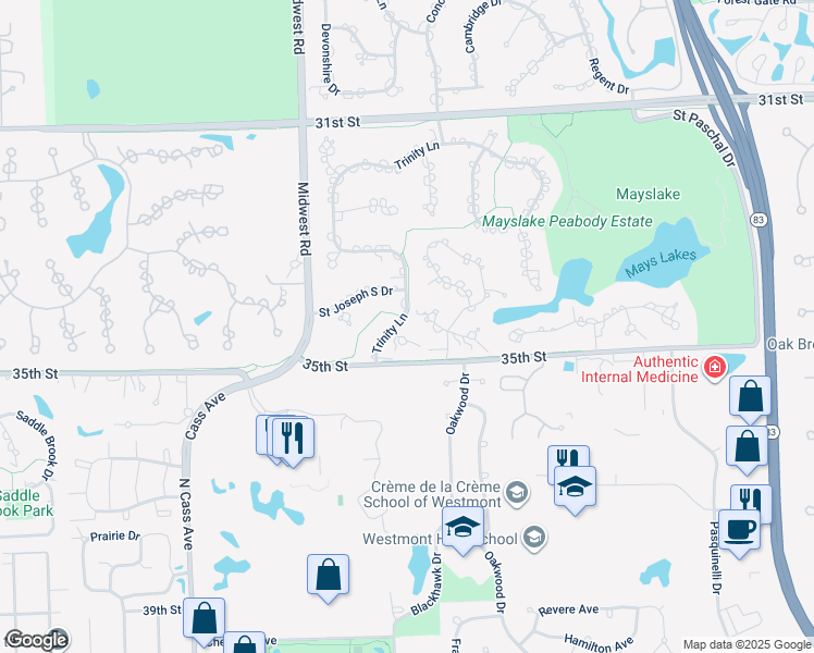 map of restaurants, bars, coffee shops, grocery stores, and more near 363 Trinity Lane in Oak Brook