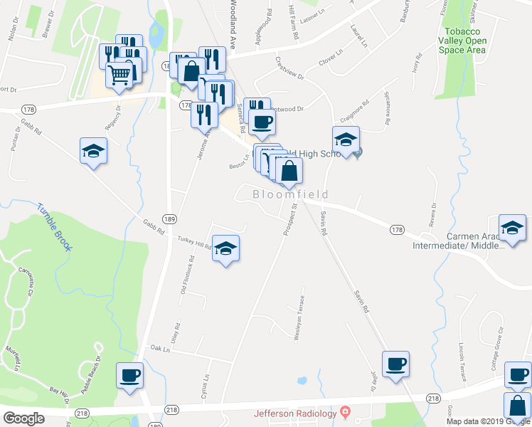 map of restaurants, bars, coffee shops, grocery stores, and more near 17 Scott Drive in Bloomfield
