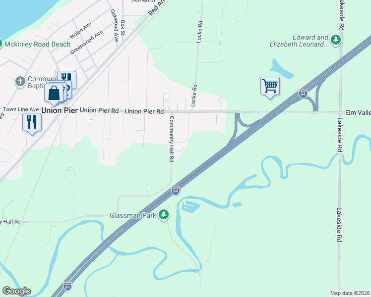 map of restaurants, bars, coffee shops, grocery stores, and more near 9438 Community Hall Road in Union Pier