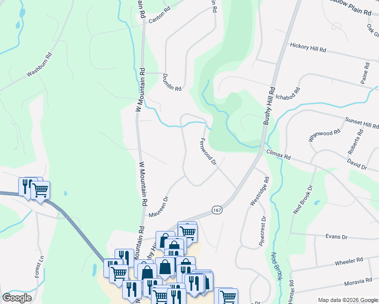 map of restaurants, bars, coffee shops, grocery stores, and more near 53 Fernwood Drive in Simsbury