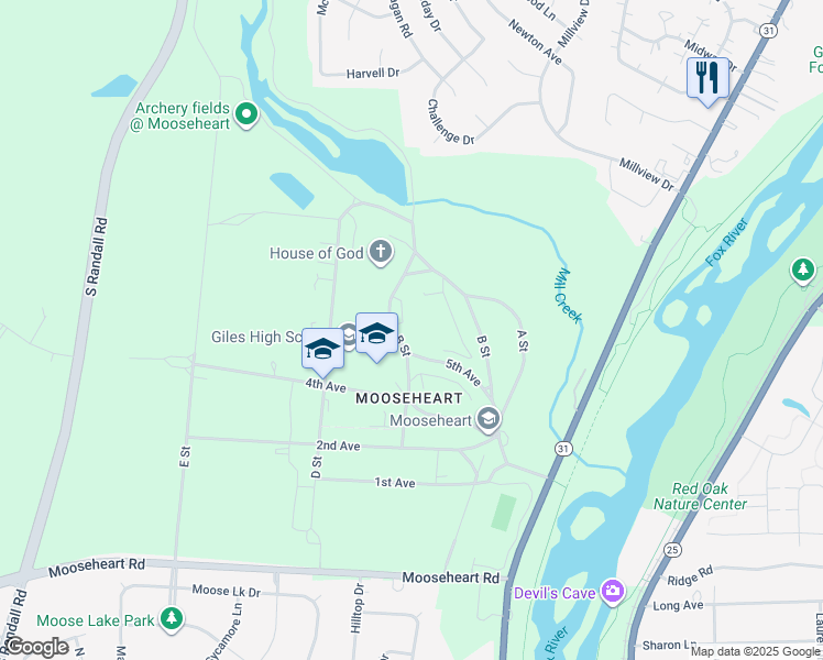 map of restaurants, bars, coffee shops, grocery stores, and more near in Mooseheart