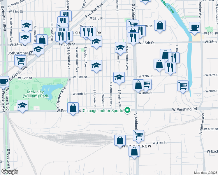 map of restaurants, bars, coffee shops, grocery stores, and more near 3725 South Hermitage Avenue in Chicago