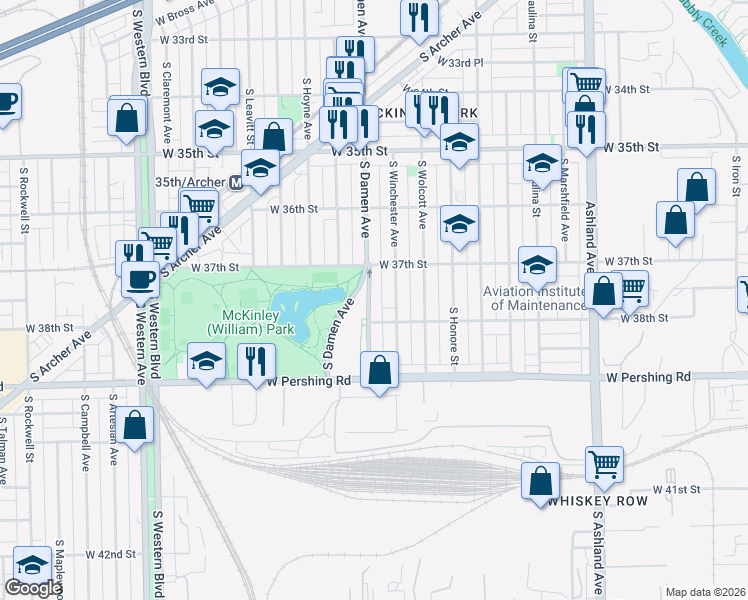 map of restaurants, bars, coffee shops, grocery stores, and more near 3723 South Damen Avenue in Chicago