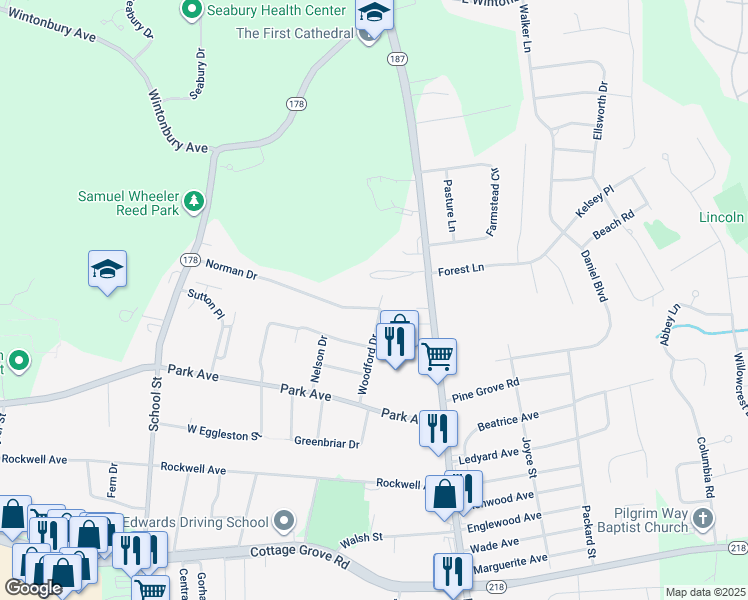 map of restaurants, bars, coffee shops, grocery stores, and more near 25 Woodford Drive in Bloomfield