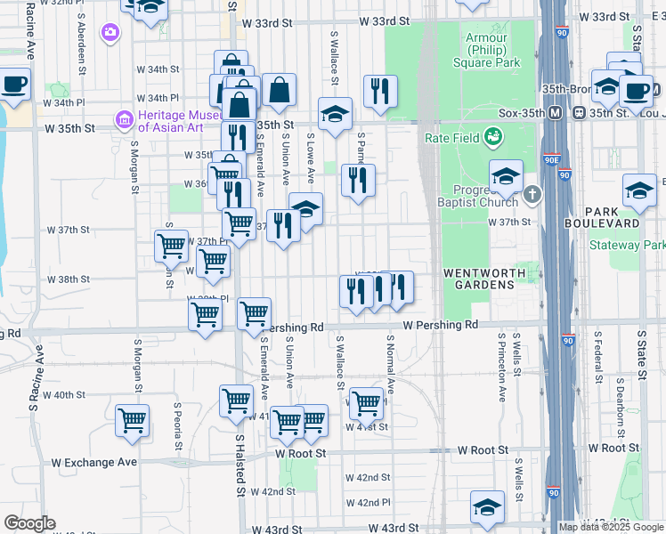 map of restaurants, bars, coffee shops, grocery stores, and more near 3750 South Wallace Street in Chicago