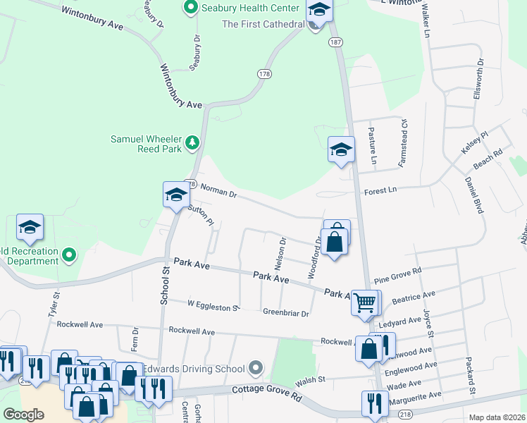 map of restaurants, bars, coffee shops, grocery stores, and more near 27 Norman Drive in Bloomfield
