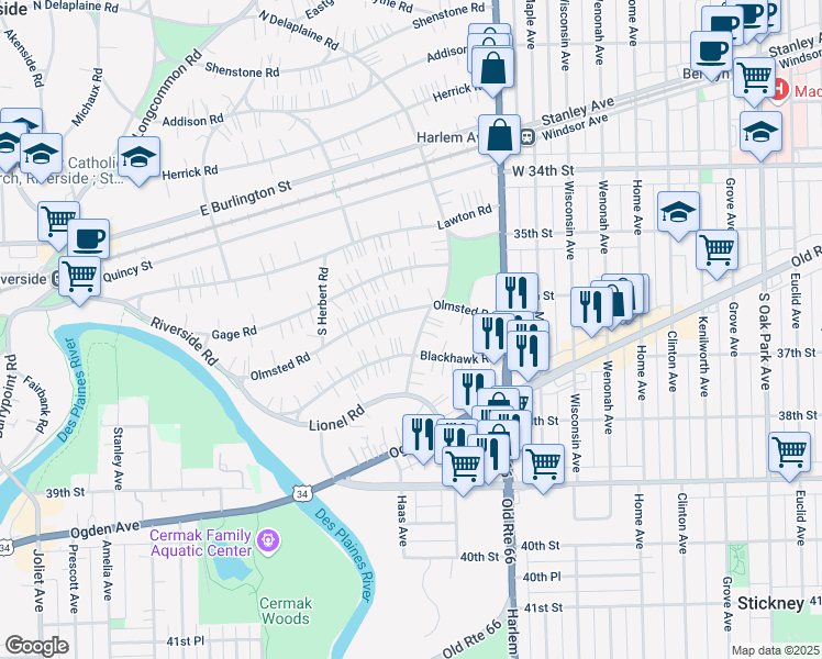 map of restaurants, bars, coffee shops, grocery stores, and more near 305 Olmsted Road in Riverside