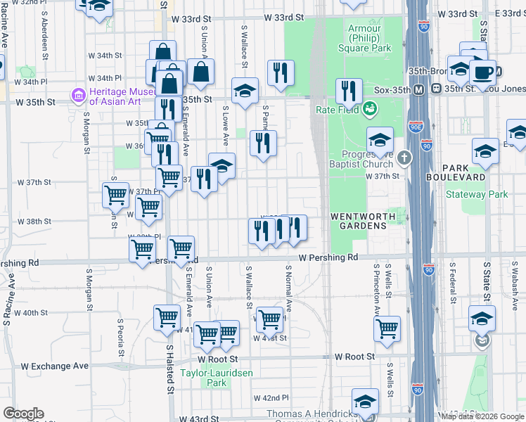 map of restaurants, bars, coffee shops, grocery stores, and more near 3748 South Parnell Avenue in Chicago