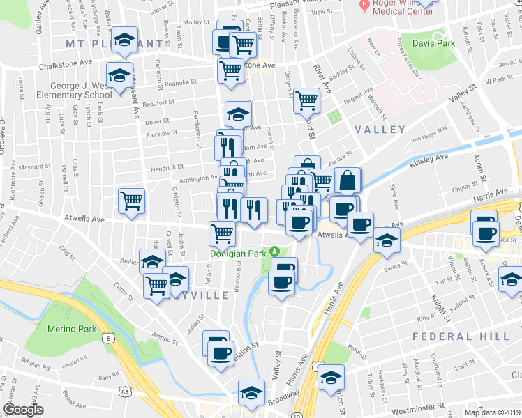 map of restaurants, bars, coffee shops, grocery stores, and more near 7 Cutler Street in Providence