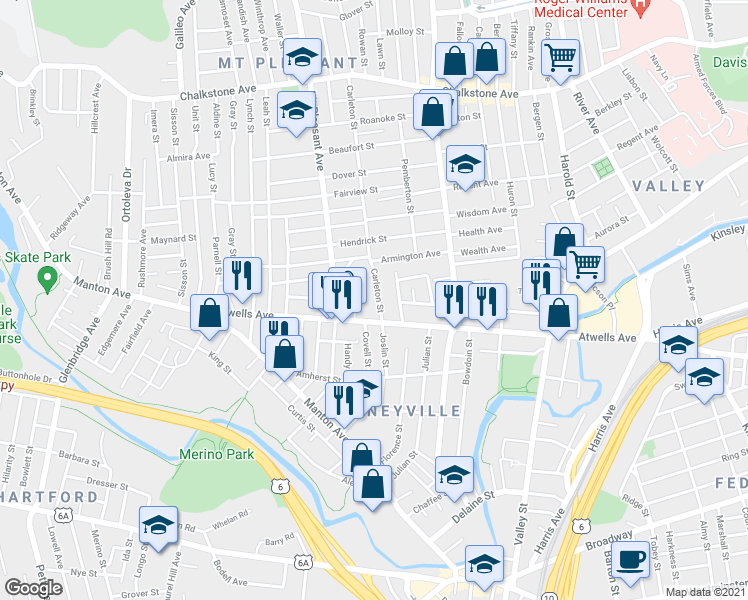 map of restaurants, bars, coffee shops, grocery stores, and more near 212 Carleton Street in Providence
