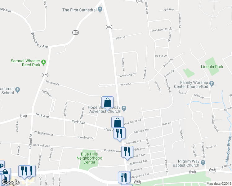 map of restaurants, bars, coffee shops, grocery stores, and more near 1073 Blue Hills Avenue in Bloomfield