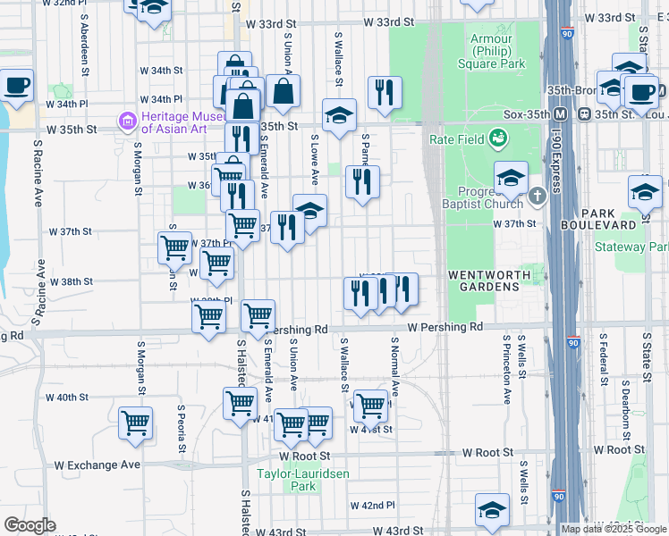 map of restaurants, bars, coffee shops, grocery stores, and more near 3737 South Lowe Avenue in Chicago
