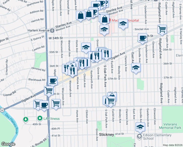 map of restaurants, bars, coffee shops, grocery stores, and more near 3621 Kenilworth Avenue in Berwyn